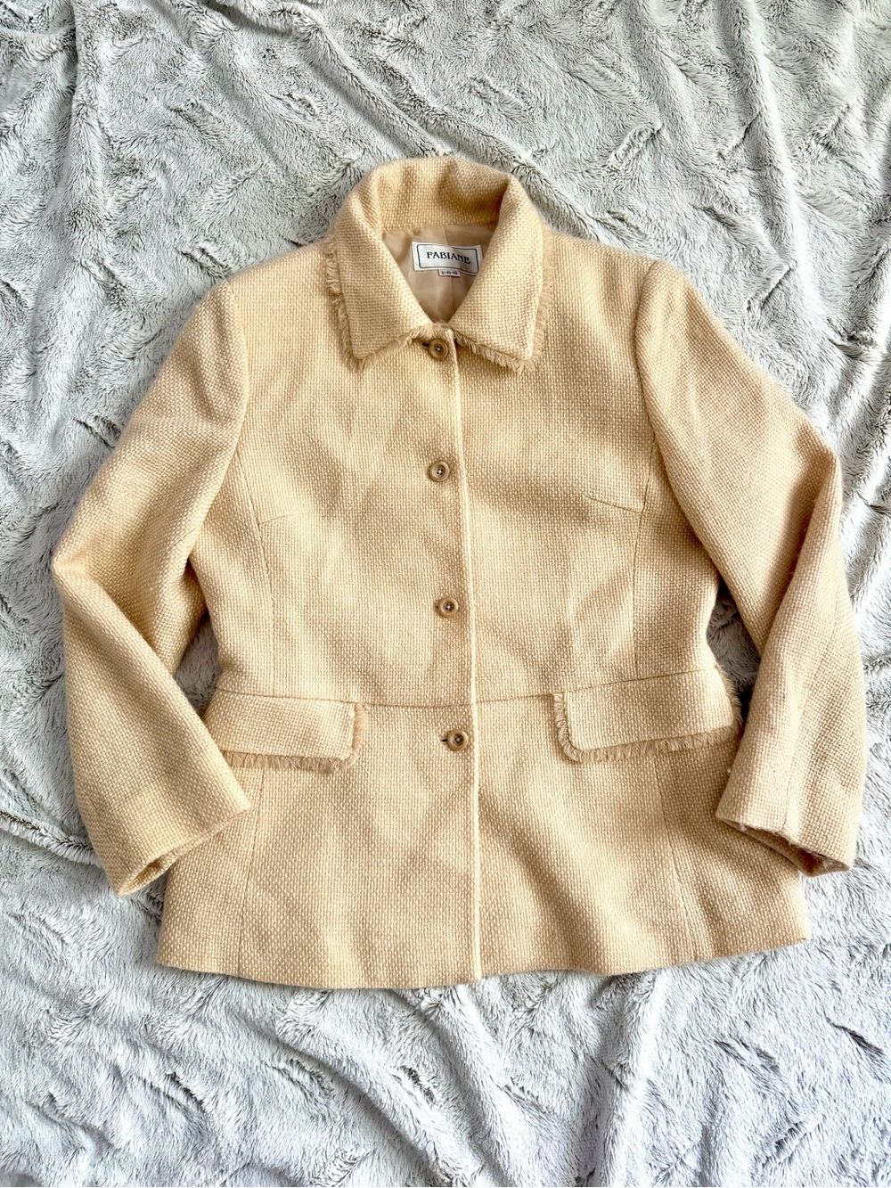Fabiane Vintage Buttermilk Cream Tweed Blazer Jacket Frayed Crop Look M/L